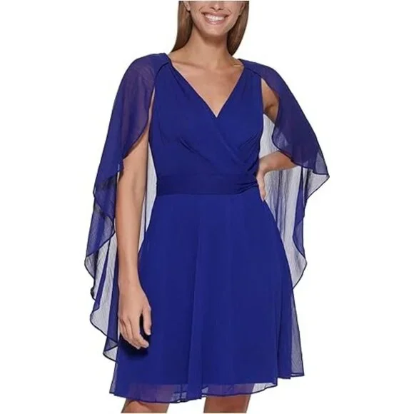 DKNY Women's Belted Evening Dress Above Knee Flare Sleeves Surplice Neck Blue 4 DKNY Women's Belted Evening Dress Above Knee Flare Sleeves Surplice Neck Blue 4
